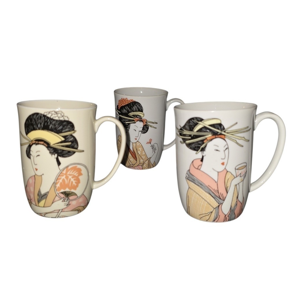 Fitz and Floyd Geisha Mugs Set of 3 MCM 1976 Porcelain Coffee Tea Cups‎